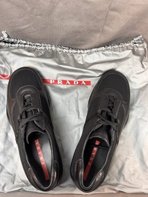 Prada Sport Linea Rossa Black Mesh Leather Sneaker Men's SIZE US 8