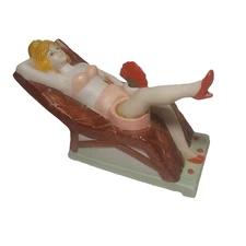 Vintage Porcelain Sunbathing Naughty Lady w/Fan Ashtray - MCM- Leg Does NOT Move