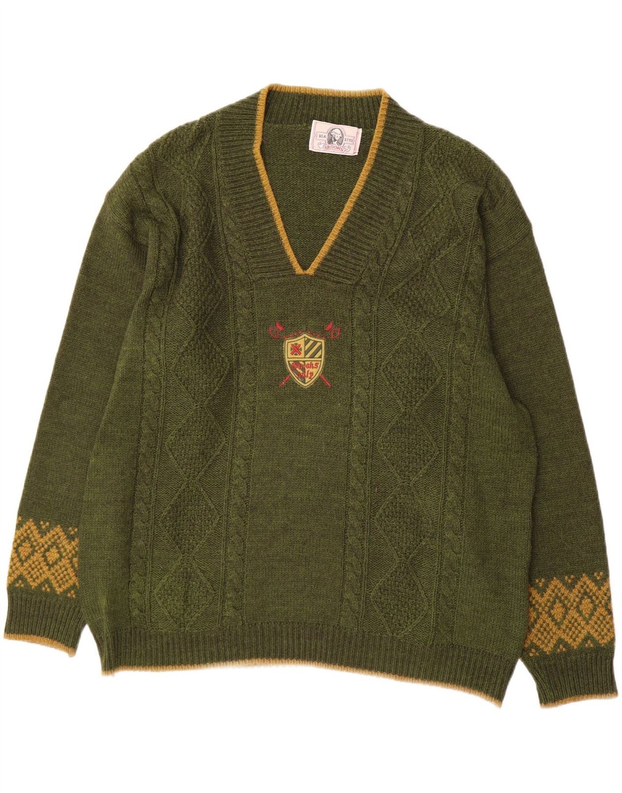 BROOKS Mens V-Neck Jumper Sweater XL Khaki Argyle/Diamond II12