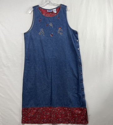 Vintage 90s Erika & Co Denim Dress XL Shift Embroidered Floral Jumper Cottage
