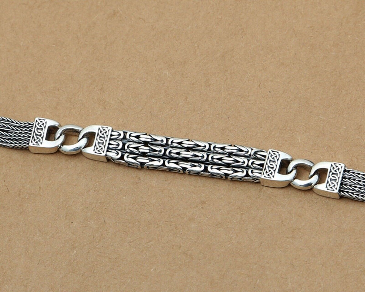 希少 CELT&COBRA 1st ブレスレット Argent Gleam Solid 925 Sterling Silver Men Wheat Foxtail Byzantine Link