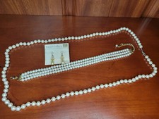 Vintage 18" Faux Pearl Necklace Bracelet Earrings Set