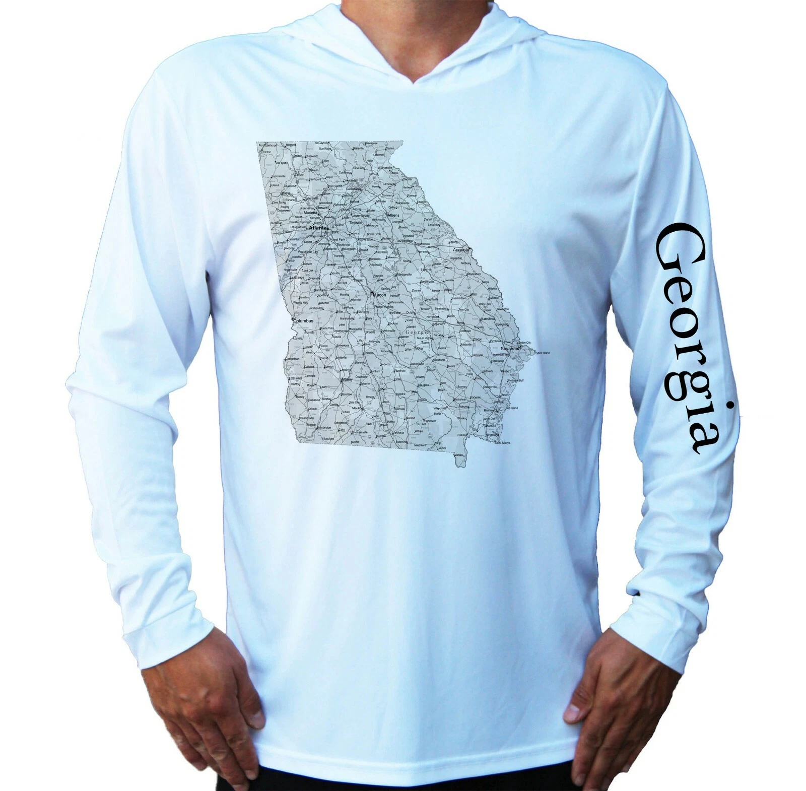 Georgia State Map Sport UV Protected UPF 50 Long Sleeve T-Shirt Hood Fishing