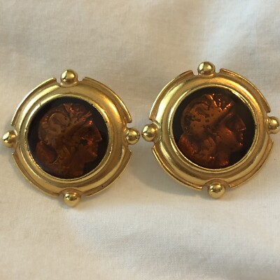 Robert Rose Roman Cameo Cabochon ￼stud Pierced Earrings Bronze Gold