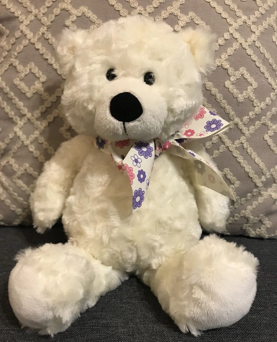 BABY GANZ Plush White Teddy Bear with pink violet flower ribbon 10
