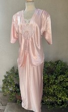 Vtg 80s Pink Satin Robe Nightgown Set M Lace California Dynasty NWT