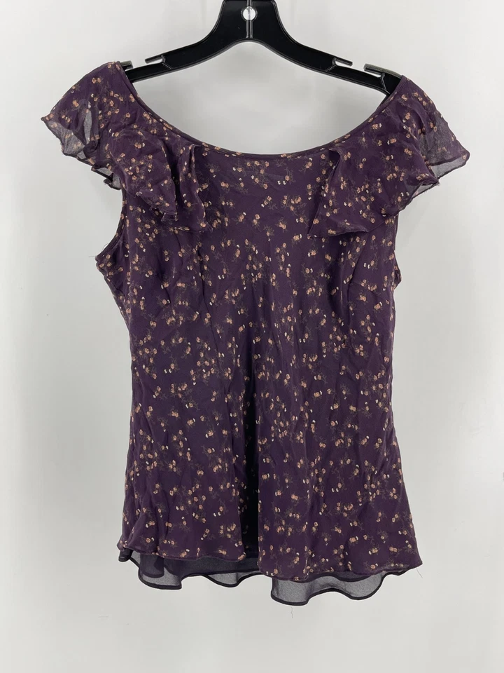 Jones Wear 100% Silk Purple Floral Ruffled Sleeveless Lined Top Blouse Size 10 - Image 3 of 4