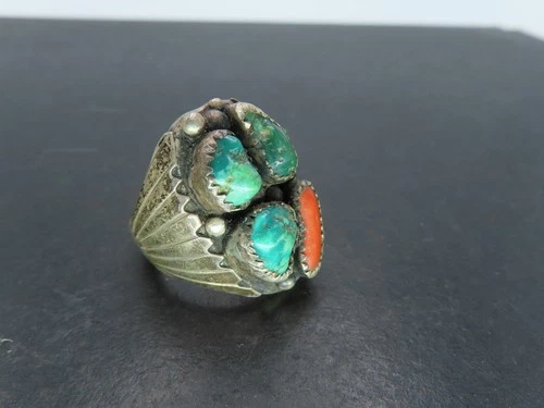 Vintage Sterling Silver & Turquoise/Coral Ring, Unsigned, Size 10.25, 23.1g