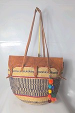 Large Woven Straw Bucket Bag With Real Lether Handles And Leather Closure Flap