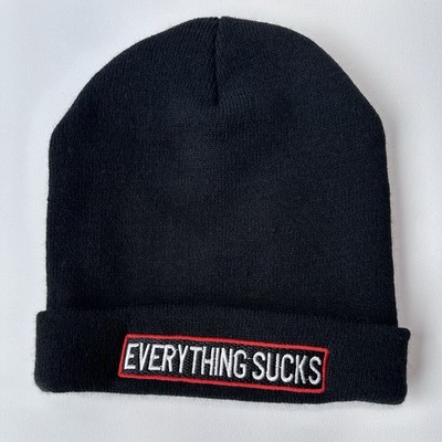 Everything Sucks Black Beanie Hat Embroidered Cuffed Grunge Emo Streetwear