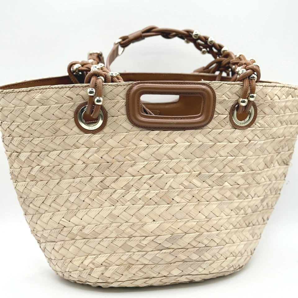 MAJE Raffia Woven Palm Market Tote Leather Handles Shoulder Bag - Image 3 of 4