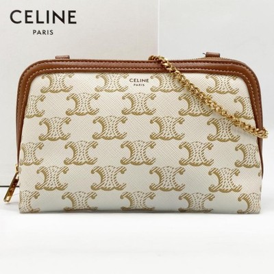 Celine Triomphe Canvas Lambskin Ivory Brown  Chain Shoulder Bag