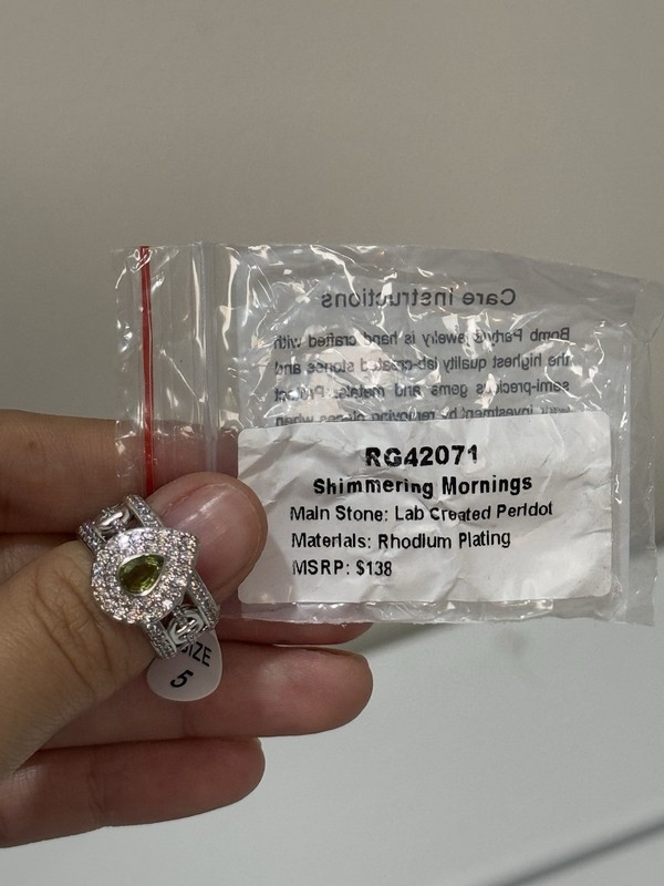 Bomb Party August 2025 Size 5 Ring “Shimmering Mornings” Peridot / Rhodium