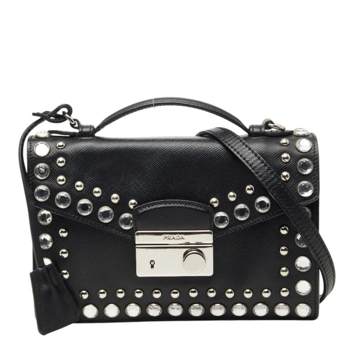 Prada Studded Handbag Shoulder Bag 2-Way Black Saffiano Leather wi