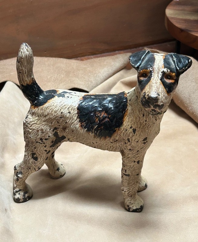 VINTAGE ANTIQUE HUBLEY DOOR STOP WIRE HAIRED TERRIER GREAT PAINT ESTATE-FREESHIP
