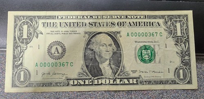 #ad 2017 $1 US bank note 3 digit low serial number 367 $34.99