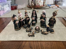 Mexican Tonala Nativity Set Scene 11 Piece Hand Painted Crèche Pottery Folk Art