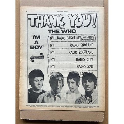 THE WHO I'M A BOY / THANK YOU POSTER SIZED original music press advert from 1966
