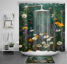 Botanical Green Leaf Yellow Daisy Floral Shower Curtain Set for Bathroom Decor