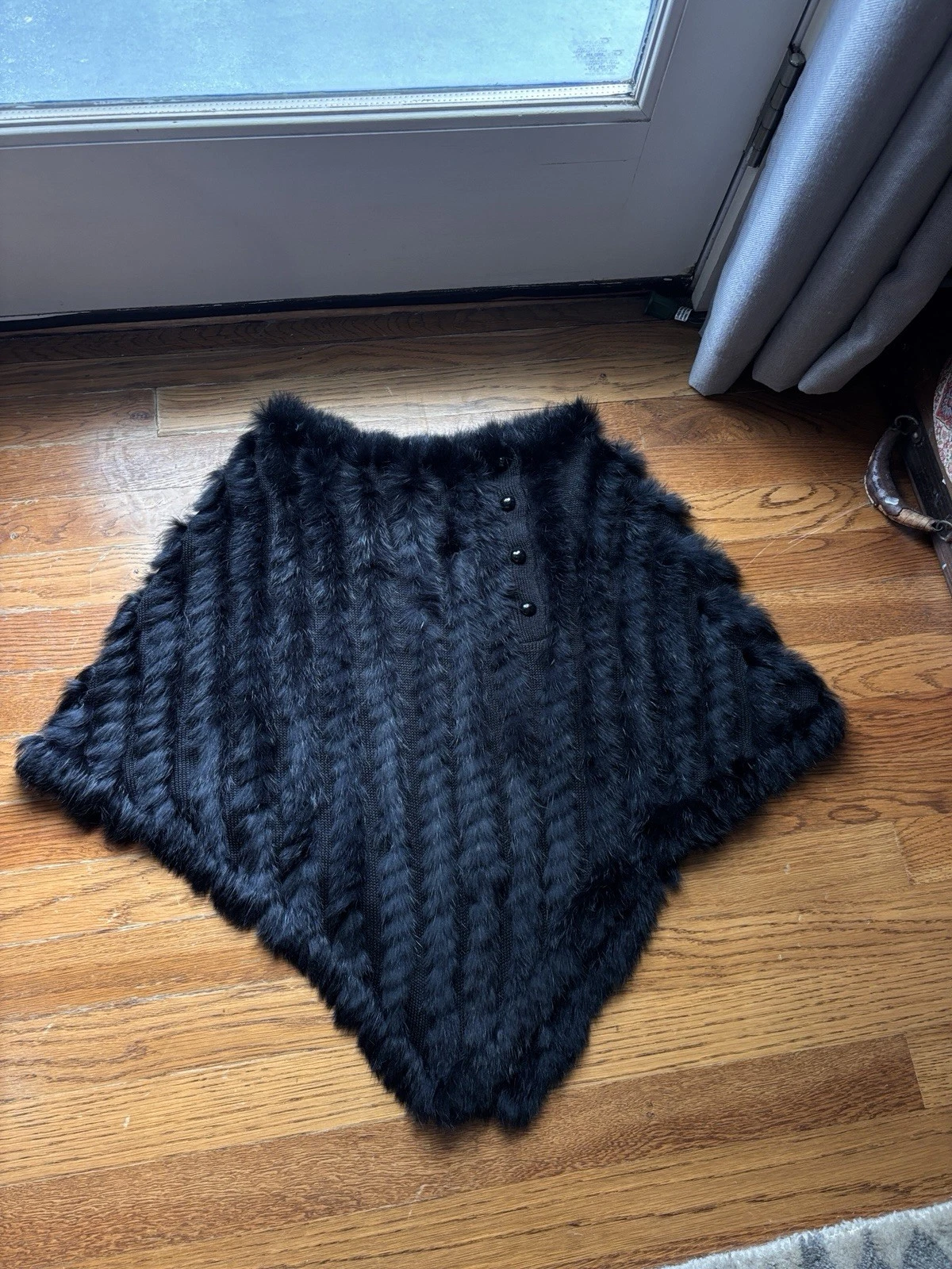 Black Genuine Rabbit Fur and Knit Poncho Women's Medium