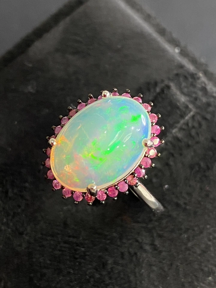 NATURAL FIRE OPAL 14X10 RUBY DIAMOND CUT STERLING SILVER 925 RING - image 2 of 4
