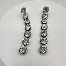 Vintage 90s Silver Tone Clear Rhinestone Dangle Earrings Women's Classic Jewelry