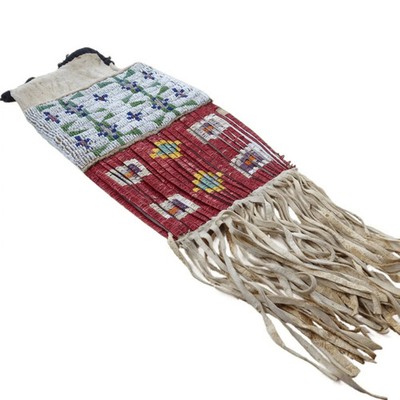 c1900 Sioux Quillwork Beaded Tobacco Bag 29.25'' long