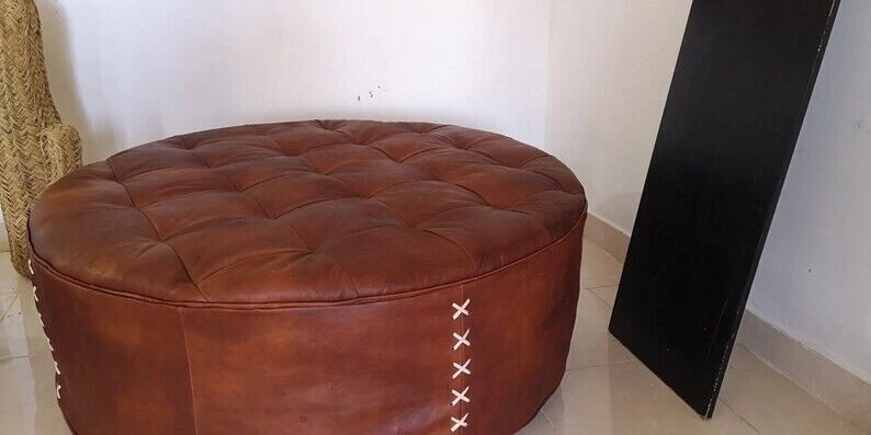 Leather Pouf Unstuffe Round Moroccan Footstool Boho Handcrafted Pouffe - Image 2 of 4