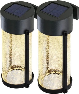 2 Pack Solar Outdoor Wall Lights Waterproof Crackled Glass Porch Fence Lighting