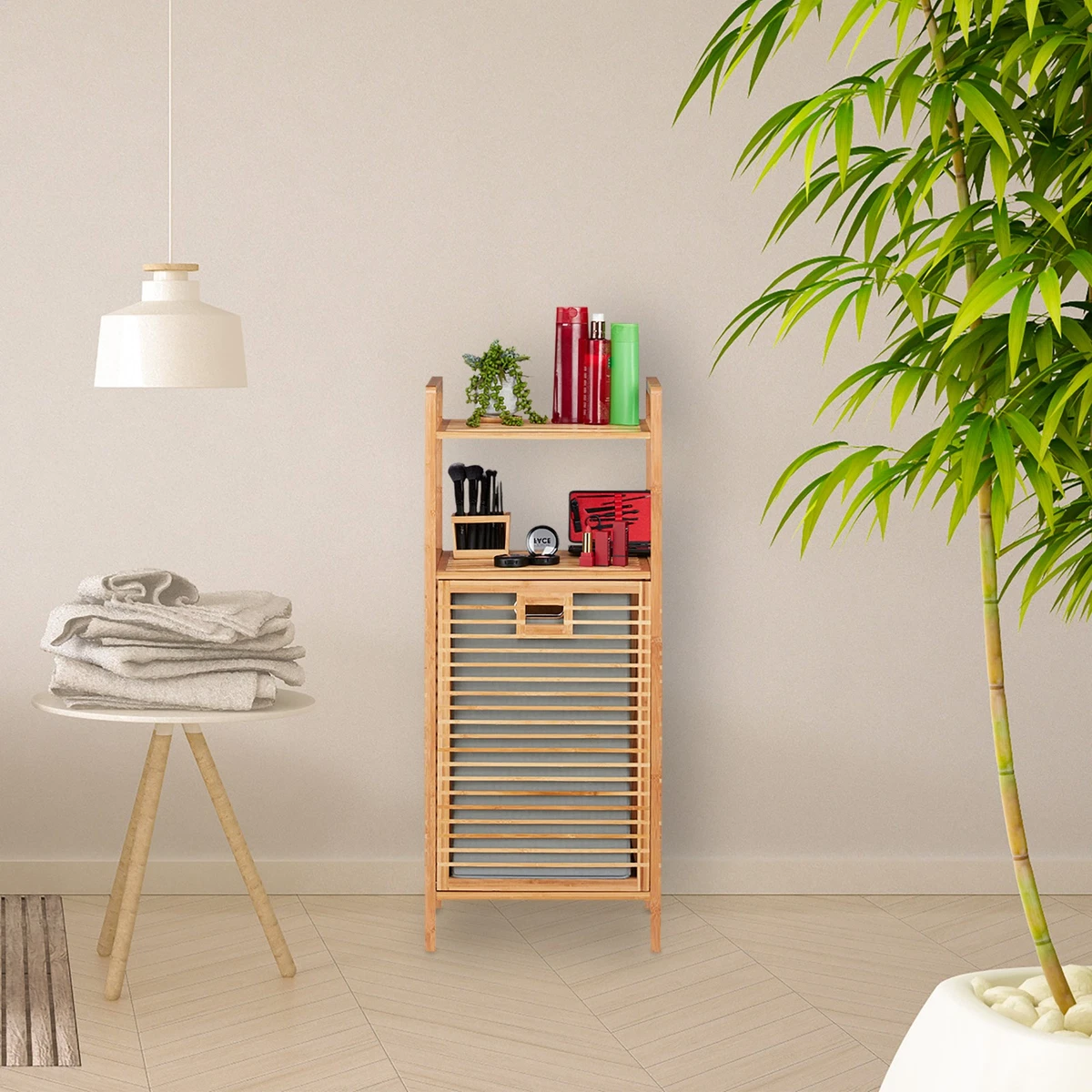 Estantería de baño con cesta de lavandería caja plegable para ropa 2 estantes extraíbles ahorro de espacio
