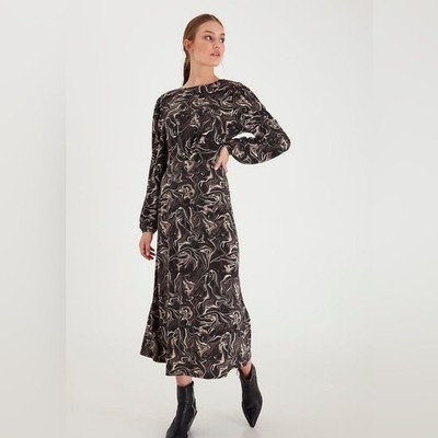 ICHI Marble Swirl Midi Dress Size S Black Neutral Abstract Minimal Scandi Artsy