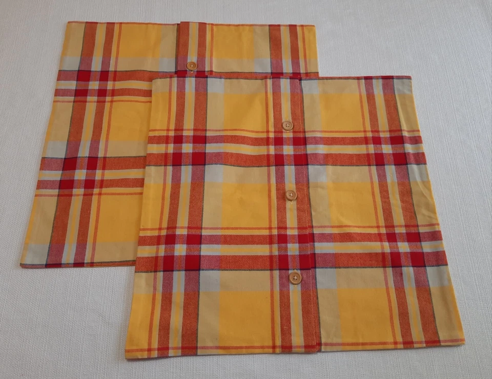 Set of 2 Pottery Barn Summer Plaid Pillow Covers 20x20" Yellow Orange Red Cotton - Image 2 of 4