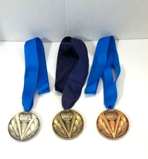 3 Medals Gold, Silver, Bronze Victory Torch & Palm Branch Blue Neck Band NEW!