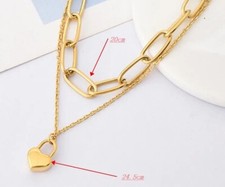 Woman 18K Gold Plated Stainless Steel Heart Charm 2 Layers Chain Necklace