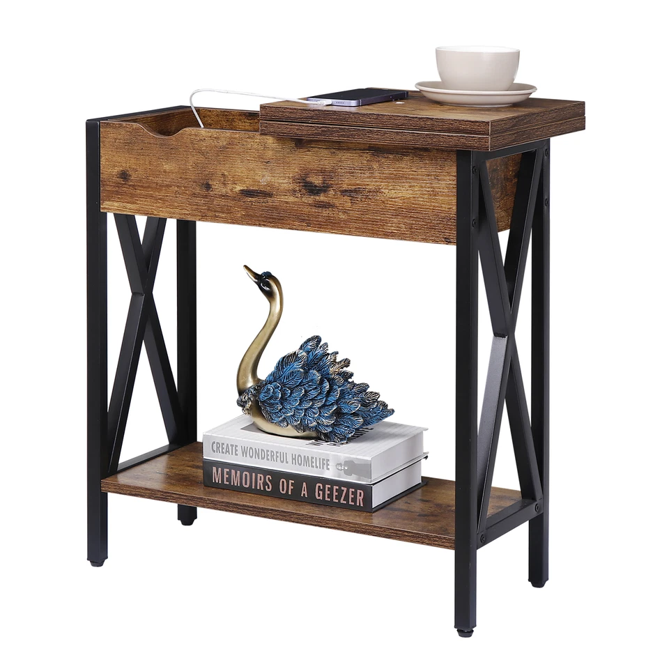 24" Flip Top End Sofa Side Table with Charging Station and Built-In Outlet Brown - Image 4 of 4