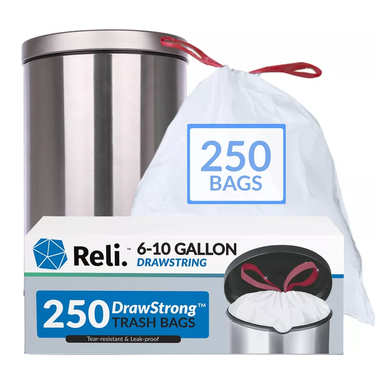 Reli. 8-10 Gallon Trash Bags Drawstring, 250 Count, 22x23, 6, 8, 10  Gall