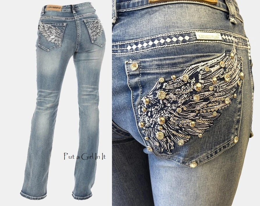 New PLUS SIZE Womens BLUE CRYSTAL ANGEL WINGS JEANS PANTS 1X 2X 3X 17 19 21 23