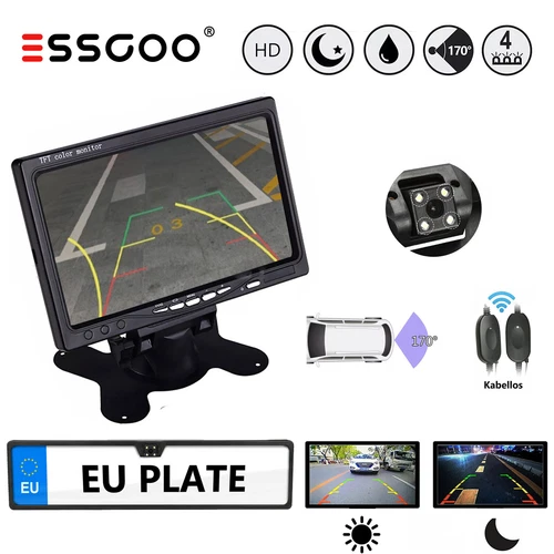 170° Car Rear View Camera Wireless Radio License Plate Holder with 7" LCD Monitor