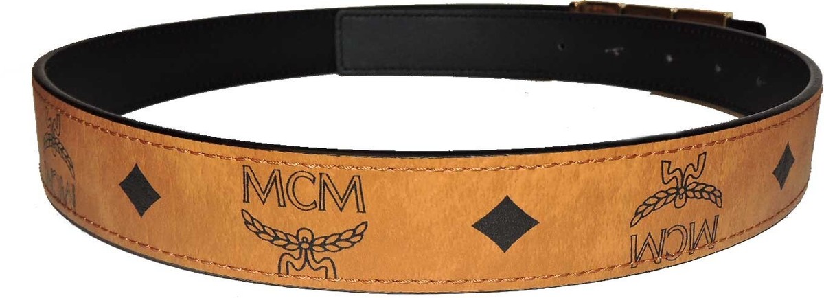 MCM Buckle Leather Belt Monogram Print Beige-Brown Belt Sz MCM Buckle Leather Belt Monogram Print Beige-Brown Belt Sz