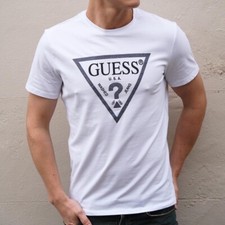 Image of Guess White Tshirt Men's Size Small Spellout Logo Round Neck Summer Tee Shirt