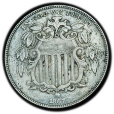 1867 Shield Nickel Sharp AU Condition!