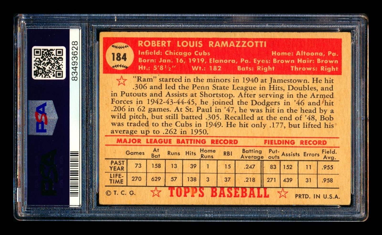 1952 TOPPS #184 BOB RAMAZZOTTI CHICAGO CUBS PSA 4 VG-EX! view 2