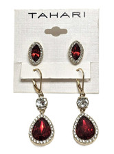 TAHARI SET OF TWO GOLD TONE RED FACET GLASS CRYSTALS STUD,DANGLING,DROP EARRINGS