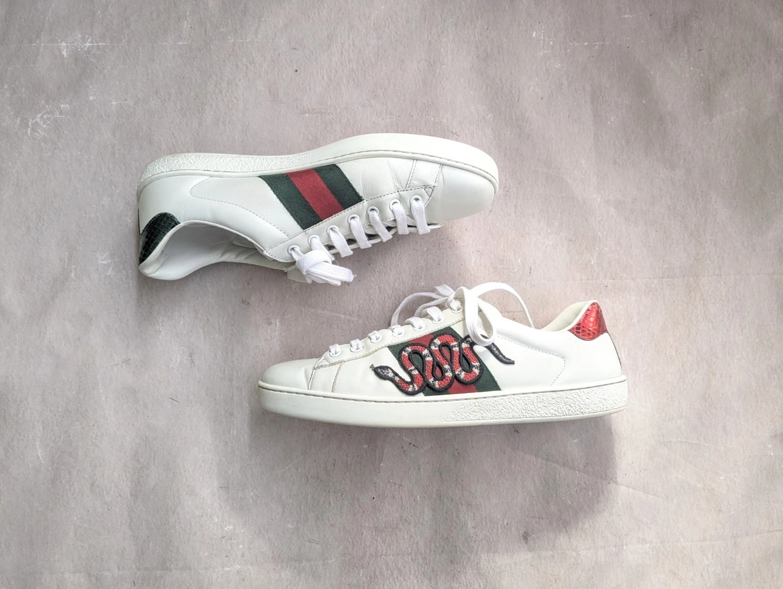 Gucci Ace Baskets Serpent Hommes 9 Blanc Logo Chaussures Cuir Bas Hauts 456230