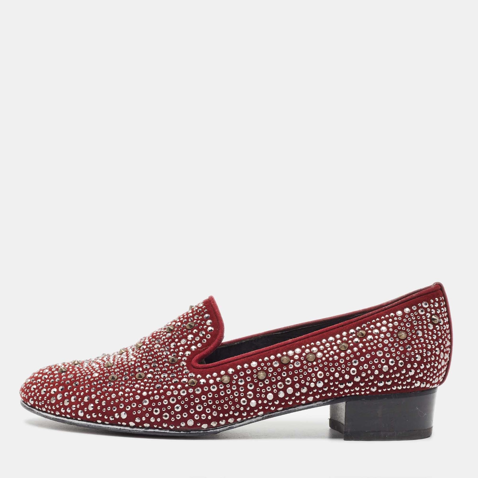 Stuart Weitzman Burgundy Suede Crystal Embellished Studded Smoking Slippers