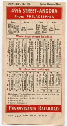 11/18/1946 Pennsylvania Railroad Schedule Card - Angora Philadelphia