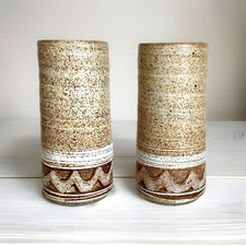 Pair of Matching 6-1/2" Tall Brown Studio Art Stoneware Cylander Vases, Unsigned