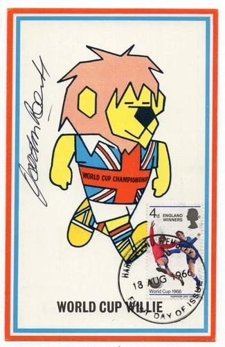 1966 WORLD CUP WILLIE CAMEO STAMPS FIRST DAY POSTCARD HANDSIGNED BY GORDON BANKS