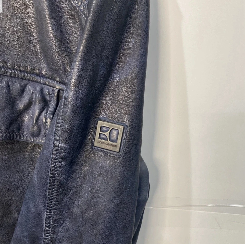 Vintage Hugo Boss Orange 42R Mens Leather Midnight Blue Biker Jacket Rare Coat - Image 3 of 4
