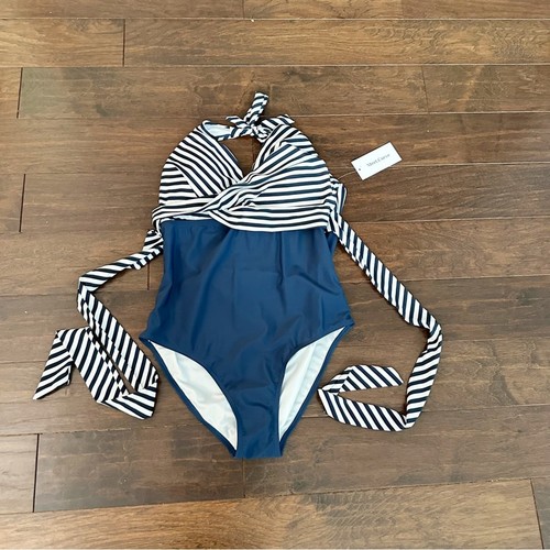 Meet Curve Faux Wrap Halter Swimsuit XL Blue White Striped NWT Retro Swim - Picture 6 of 16